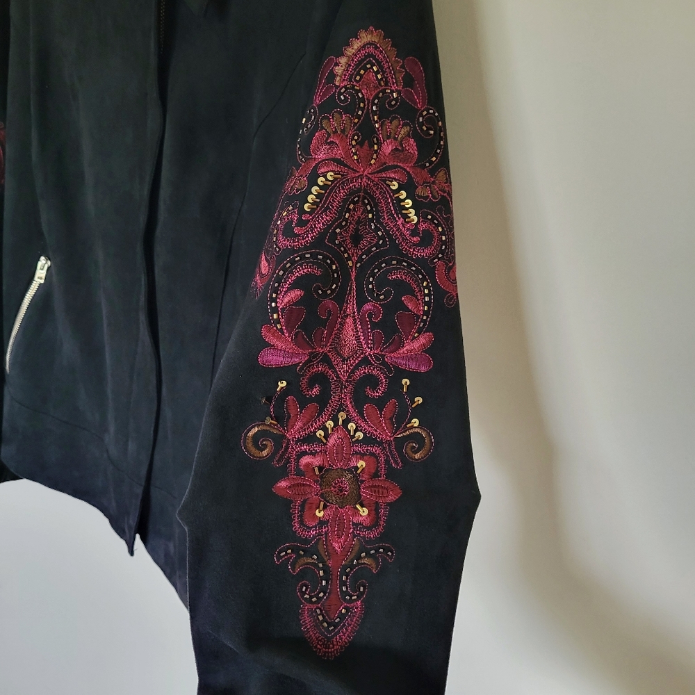 Chicos Sueded Embroidered-Sleeve Moto Jacket - Picture 6 of 11